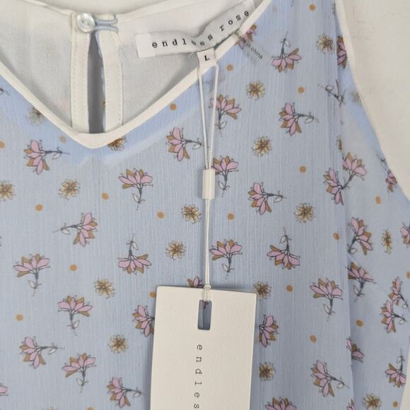 ENDLESS ROSE Light Blue Ditzy Lotus Print Ruffled Dress Sz Large Fairy Whimsical - Picture 7 of 8